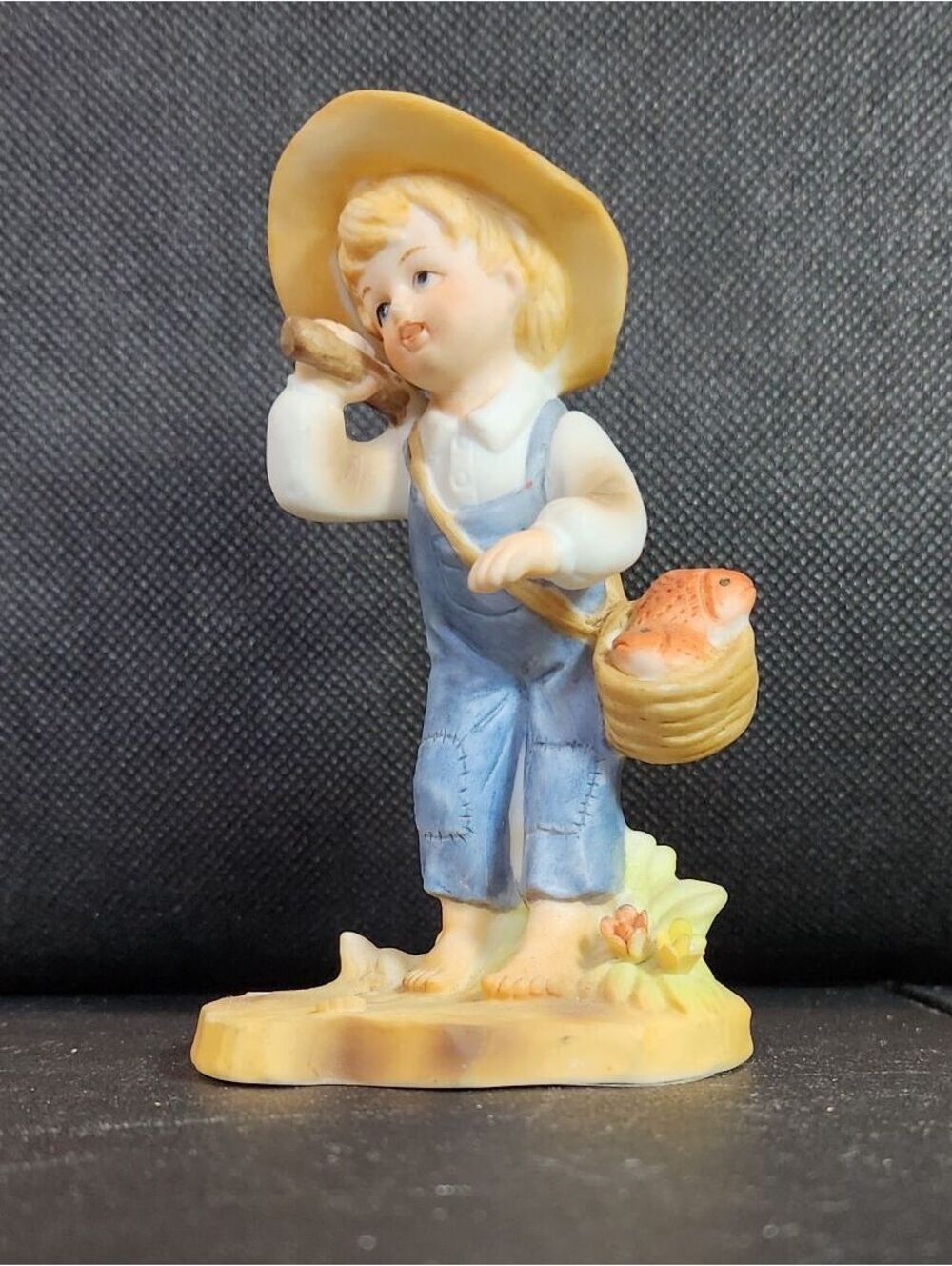 Little Boy Fishing Pole Basket of Fish Ceramic Porcelain Figurine Overalls Hat